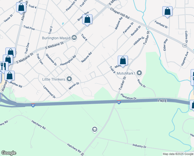 map of restaurants, bars, coffee shops, grocery stores, and more near 2495 Ashton Park Lane in Burlington