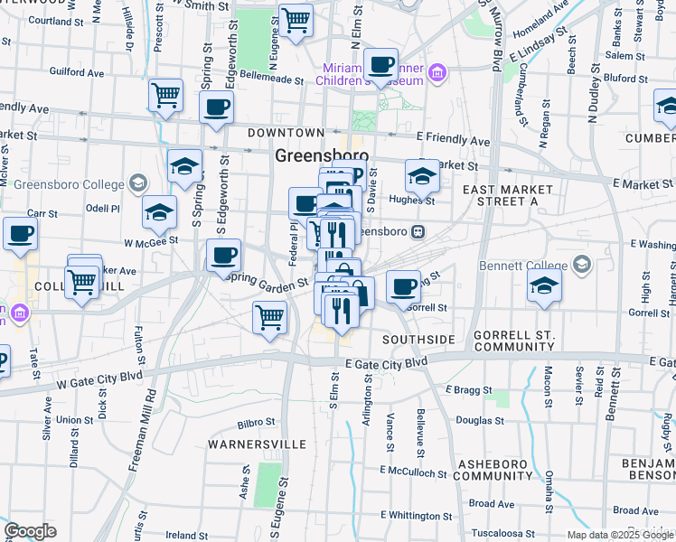 map of restaurants, bars, coffee shops, grocery stores, and more near 408 South Elm Street in Greensboro