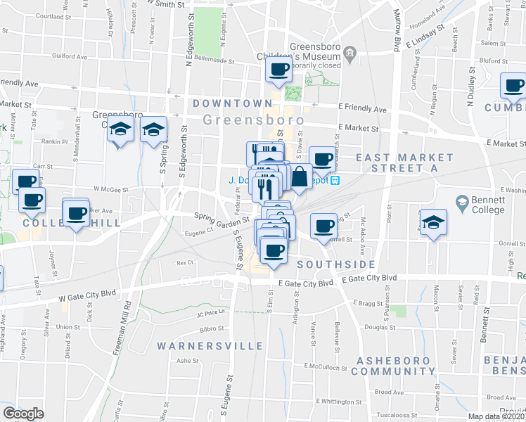map of restaurants, bars, coffee shops, grocery stores, and more near 408 South Elm Street in Greensboro