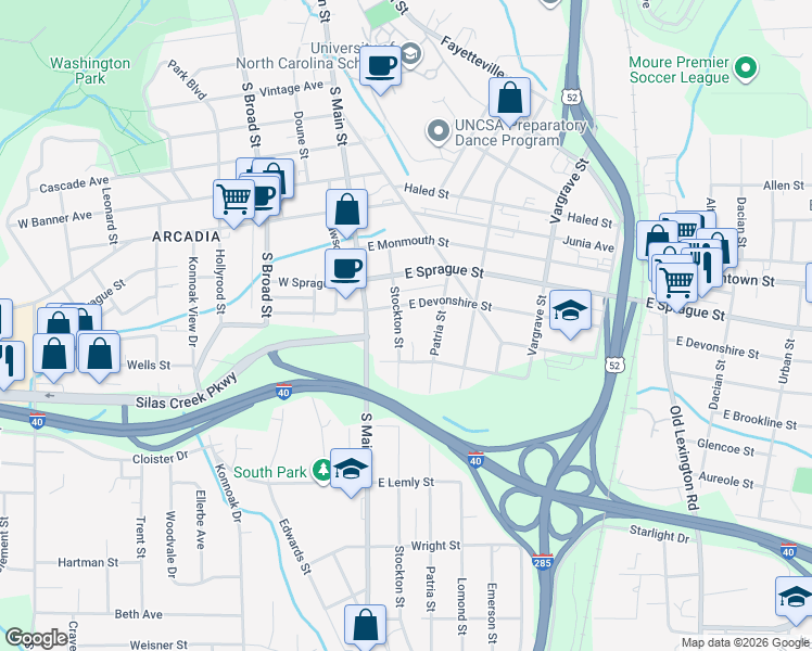 map of restaurants, bars, coffee shops, grocery stores, and more near 2440 Patria Street in Winston-Salem