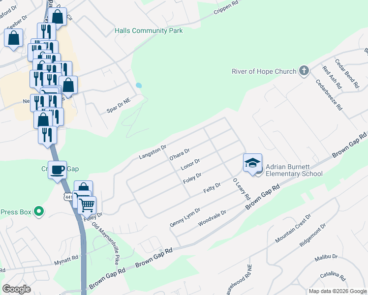 map of restaurants, bars, coffee shops, grocery stores, and more near 4304 O'hara Drive in Knoxville