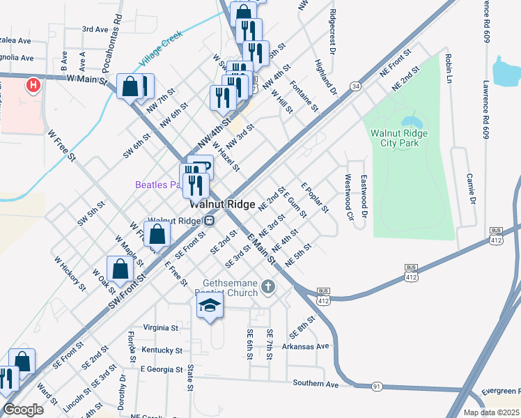 map of restaurants, bars, coffee shops, grocery stores, and more near 202 East Walnut Street in Walnut Ridge