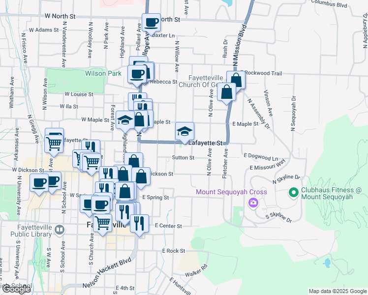 map of restaurants, bars, coffee shops, grocery stores, and more near 324 Sutton Street in Fayetteville