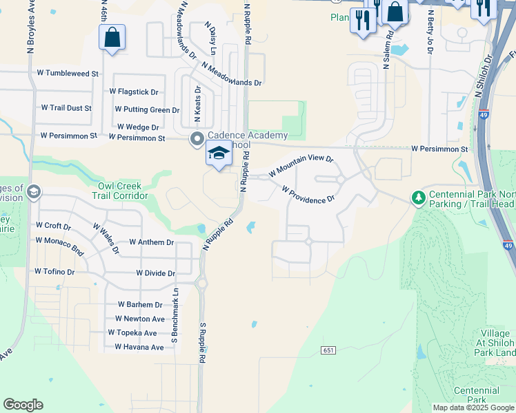 map of restaurants, bars, coffee shops, grocery stores, and more near 3959 West Owl Creek Place in Fayetteville