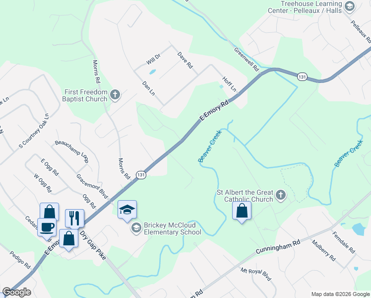 map of restaurants, bars, coffee shops, grocery stores, and more near 2124 East Emory Road in Knoxville