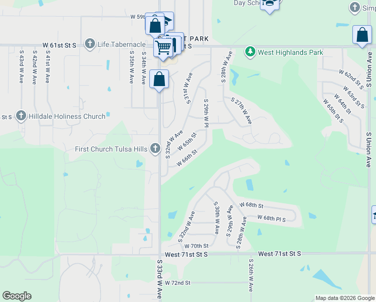 map of restaurants, bars, coffee shops, grocery stores, and more near 2947 West 66th Street in Tulsa