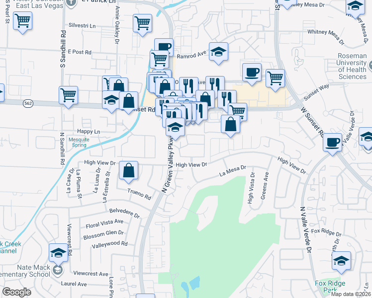 map of restaurants, bars, coffee shops, grocery stores, and more near 3000 High View Drive in Henderson
