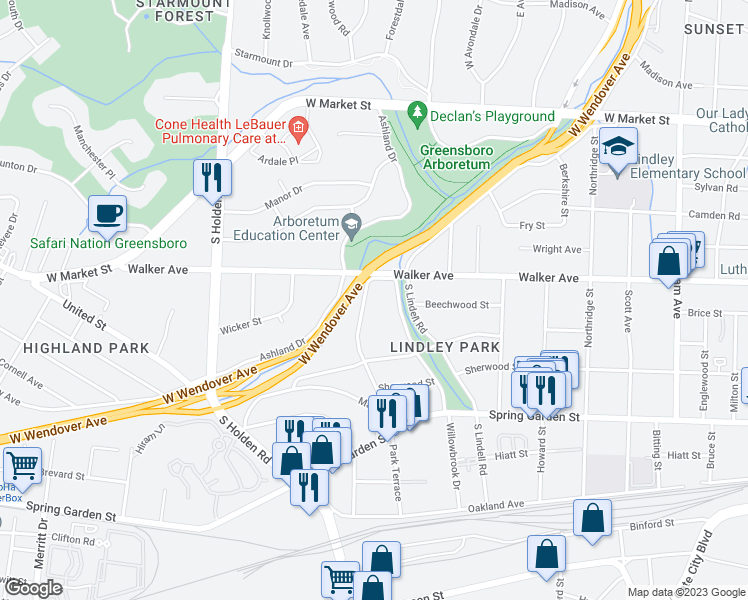 map of restaurants, bars, coffee shops, grocery stores, and more near 511 Park Terrace in Greensboro