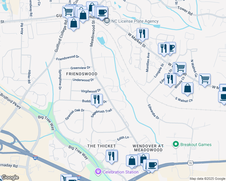 map of restaurants, bars, coffee shops, grocery stores, and more near 8 Brandywine Circle in Greensboro