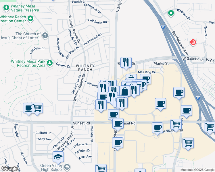 map of restaurants, bars, coffee shops, grocery stores, and more near 738 Panhandle Drive in Henderson