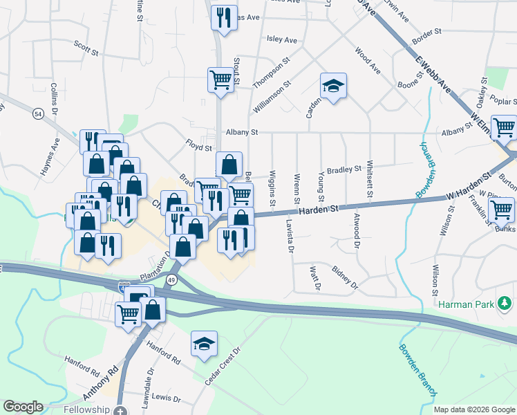 map of restaurants, bars, coffee shops, grocery stores, and more near 382 Harden Street in Graham