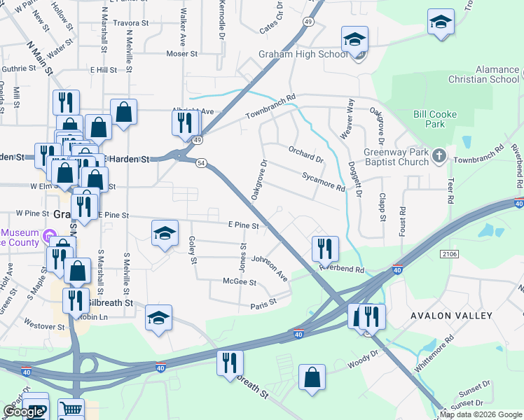 map of restaurants, bars, coffee shops, grocery stores, and more near 608 East Pine Street in Graham