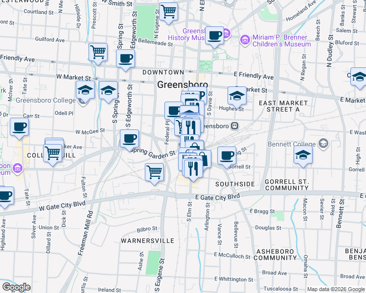 map of restaurants, bars, coffee shops, grocery stores, and more near 408 South Elm Street in Greensboro