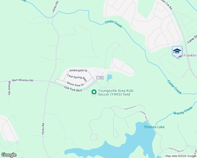 map of restaurants, bars, coffee shops, grocery stores, and more near 420 Oak Park Boulevard in Youngsville