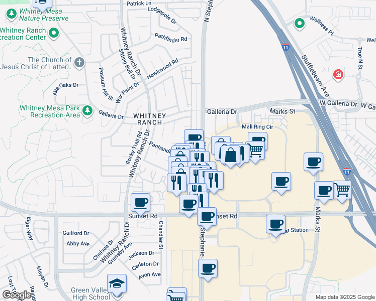 map of restaurants, bars, coffee shops, grocery stores, and more near 738 Panhandle Drive in Henderson