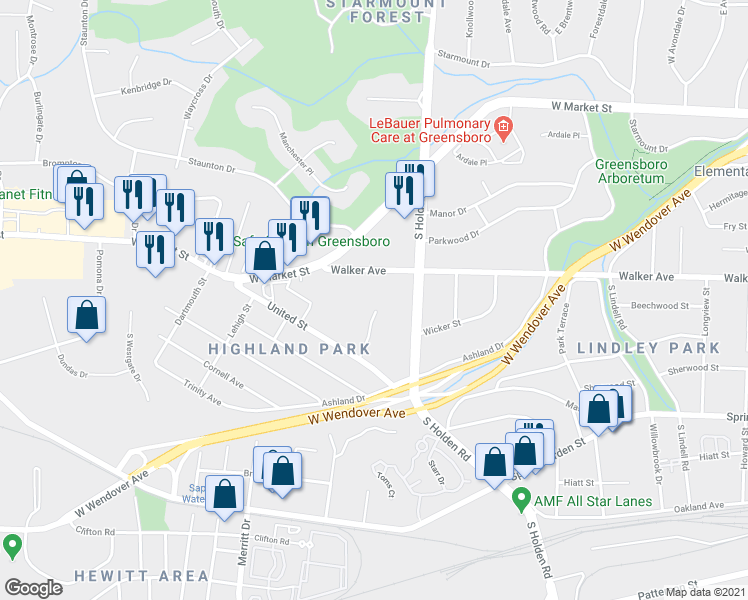 map of restaurants, bars, coffee shops, grocery stores, and more near 502 Rosebriar Court in Greensboro