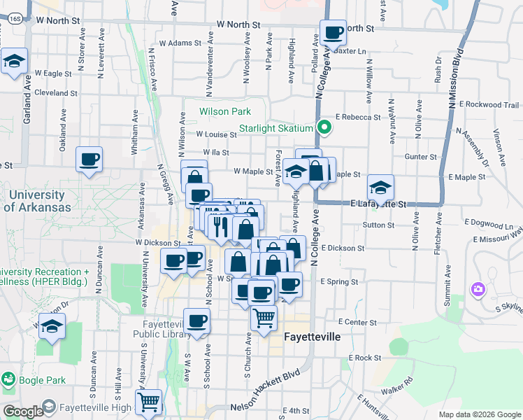 map of restaurants, bars, coffee shops, grocery stores, and more near 88 West Watson Street in Fayetteville