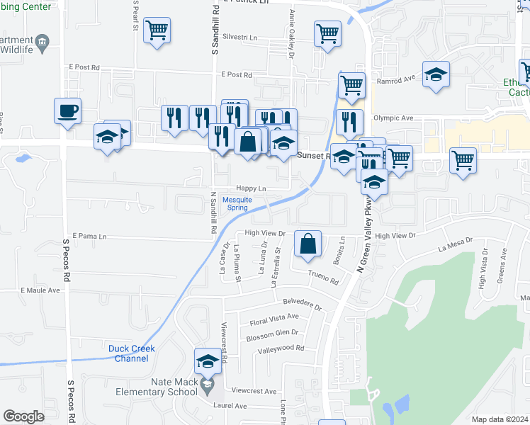 map of restaurants, bars, coffee shops, grocery stores, and more near 2112 Sunfish Drive in Henderson