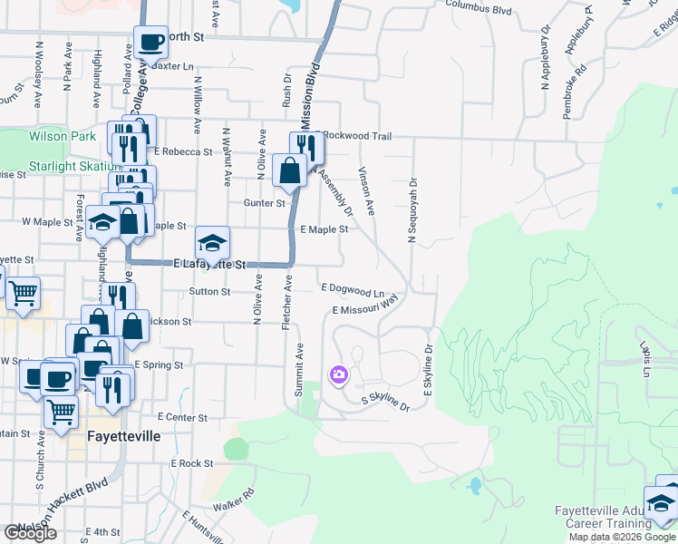 map of restaurants, bars, coffee shops, grocery stores, and more near 817 East Dogwood Lane in Fayetteville