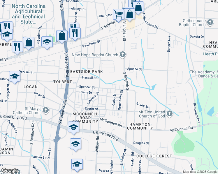map of restaurants, bars, coffee shops, grocery stores, and more near 2001 Spencer Street in Greensboro