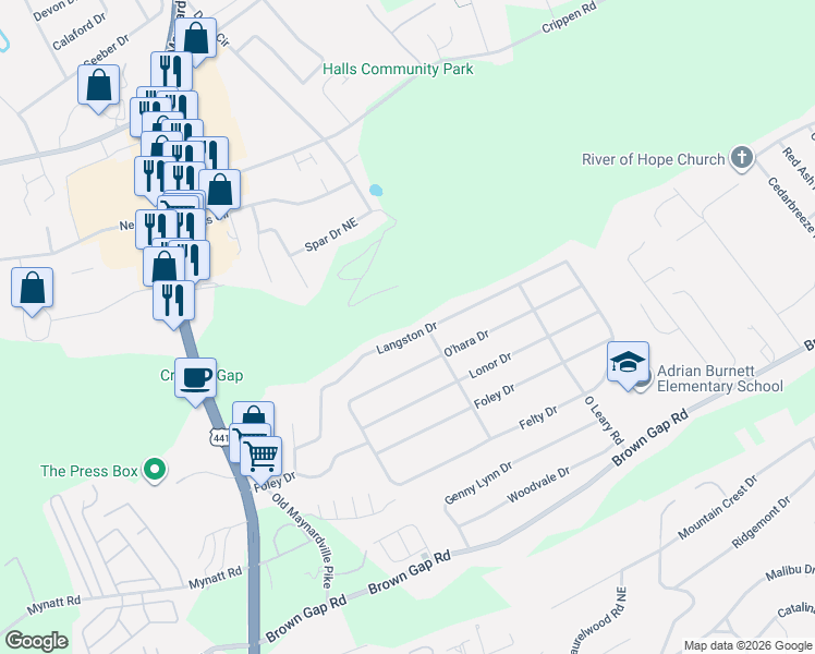 map of restaurants, bars, coffee shops, grocery stores, and more near 6621 O Brien Road in Knoxville