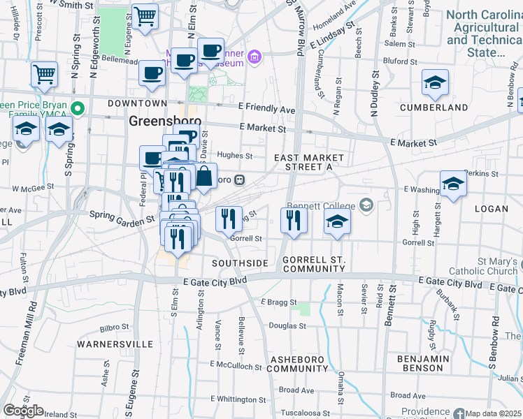 map of restaurants, bars, coffee shops, grocery stores, and more near 316 King Street in Greensboro
