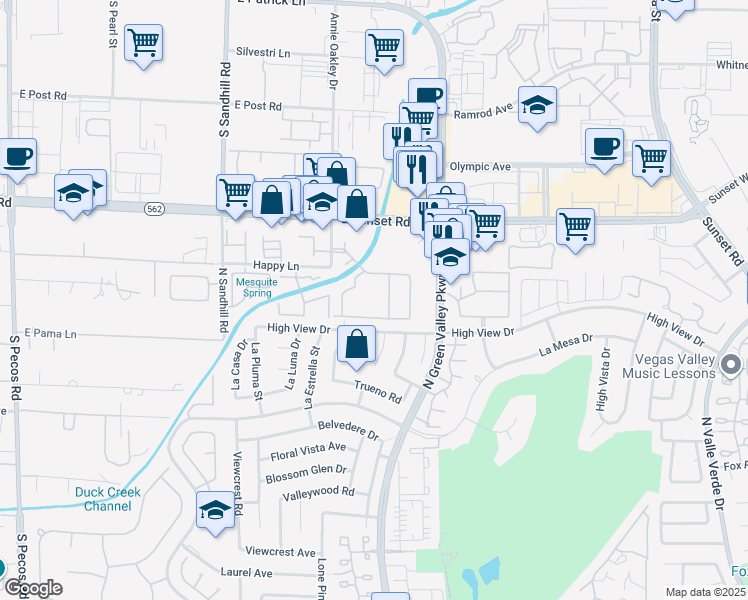 map of restaurants, bars, coffee shops, grocery stores, and more near 3131 High View Drive in Henderson