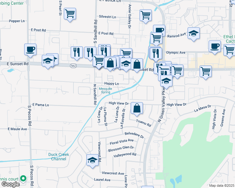 map of restaurants, bars, coffee shops, grocery stores, and more near 3155 High View Drive in Henderson