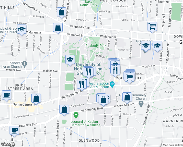 map of restaurants, bars, coffee shops, grocery stores, and more near 320 College Avenue in Greensboro
