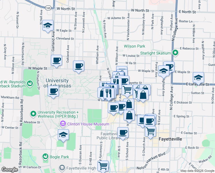 map of restaurants, bars, coffee shops, grocery stores, and more near 615 West Lafayette Street in Fayetteville