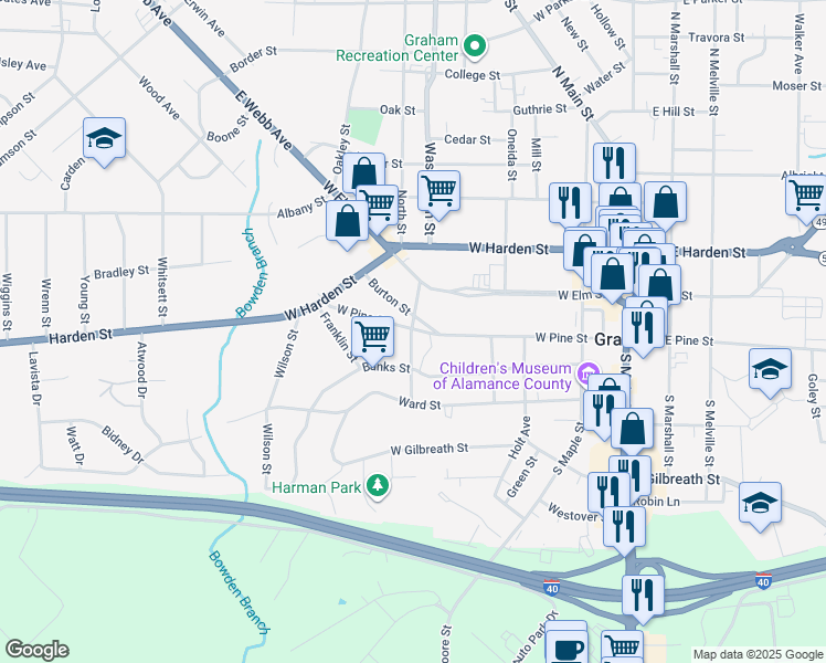 map of restaurants, bars, coffee shops, grocery stores, and more near 437 Banks Street in Graham