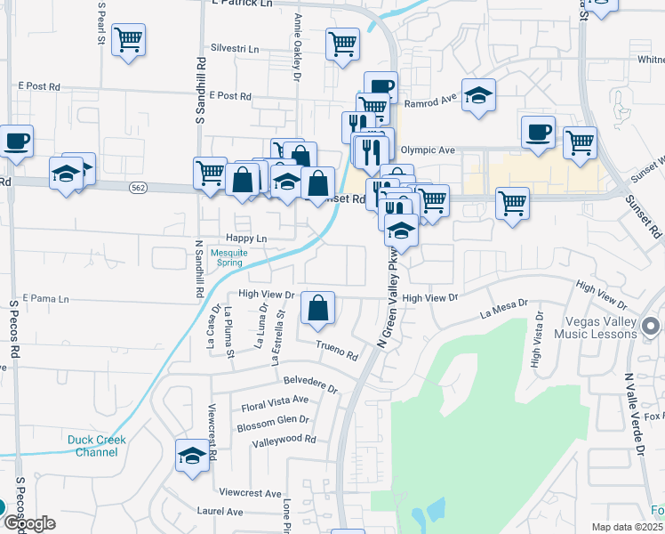 map of restaurants, bars, coffee shops, grocery stores, and more near 3131 High View Drive in Henderson