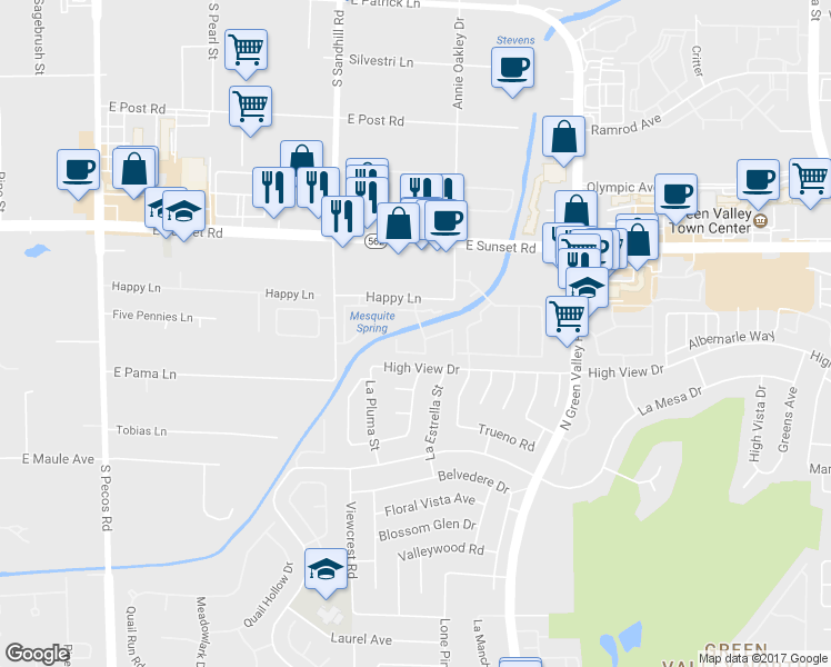 map of restaurants, bars, coffee shops, grocery stores, and more near 3155 High View Drive in Henderson
