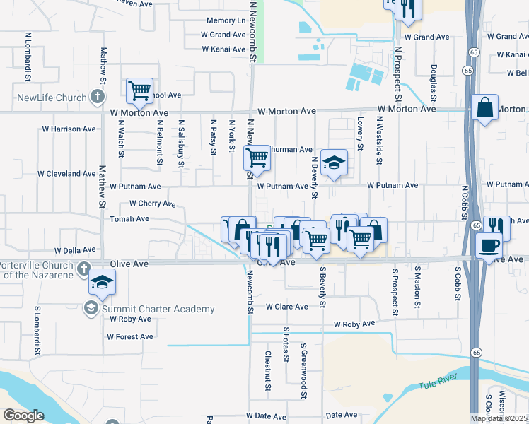 map of restaurants, bars, coffee shops, grocery stores, and more near 1555 Tomah Avenue in Porterville