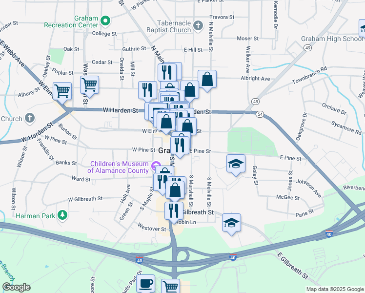 map of restaurants, bars, coffee shops, grocery stores, and more near 202 South Main Street in Graham