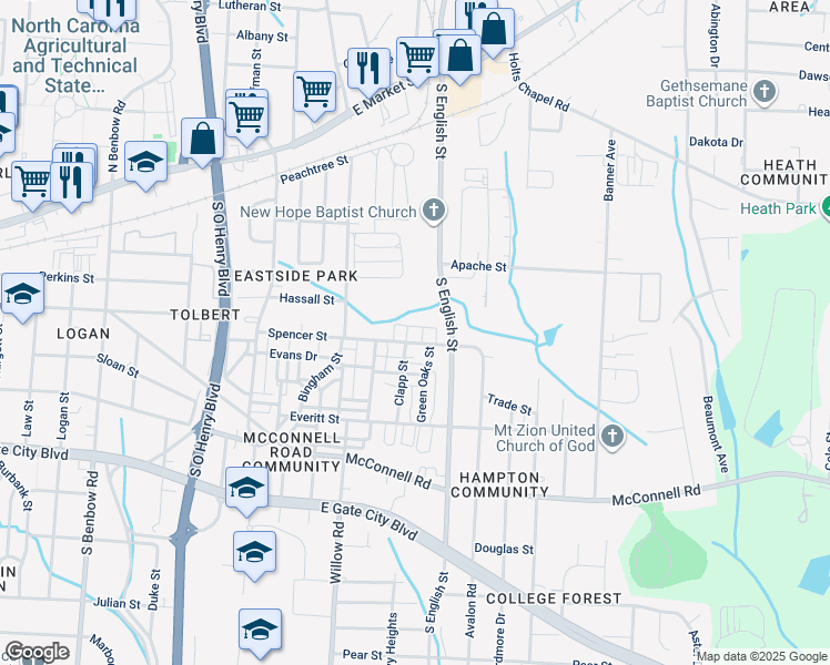 map of restaurants, bars, coffee shops, grocery stores, and more near in Greensboro