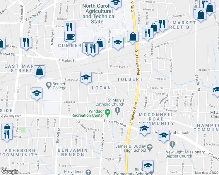 map of restaurants, bars, coffee shops, grocery stores, and more near in Greensboro