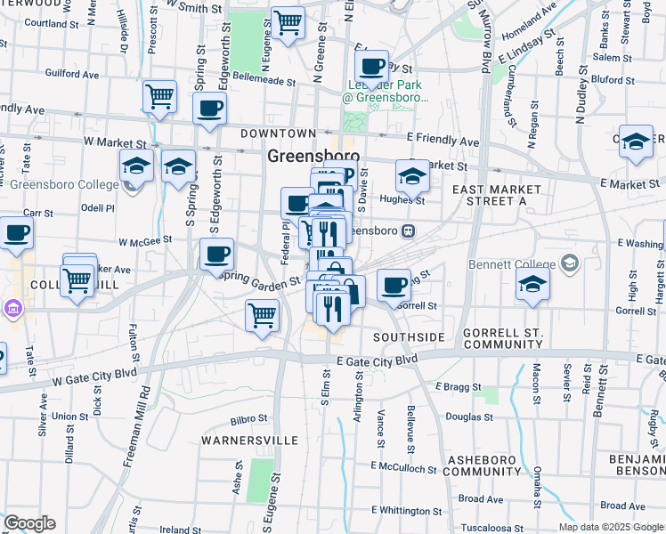 map of restaurants, bars, coffee shops, grocery stores, and more near 408 South Elm Street in Greensboro