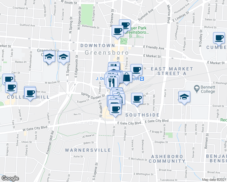 map of restaurants, bars, coffee shops, grocery stores, and more near 408 South Elm Street in Greensboro