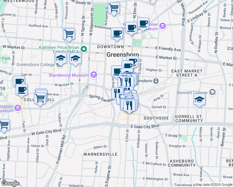 map of restaurants, bars, coffee shops, grocery stores, and more near in Greensboro