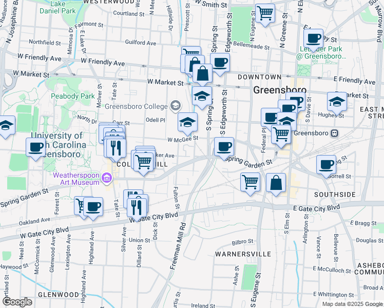 map of restaurants, bars, coffee shops, grocery stores, and more near in Greensboro