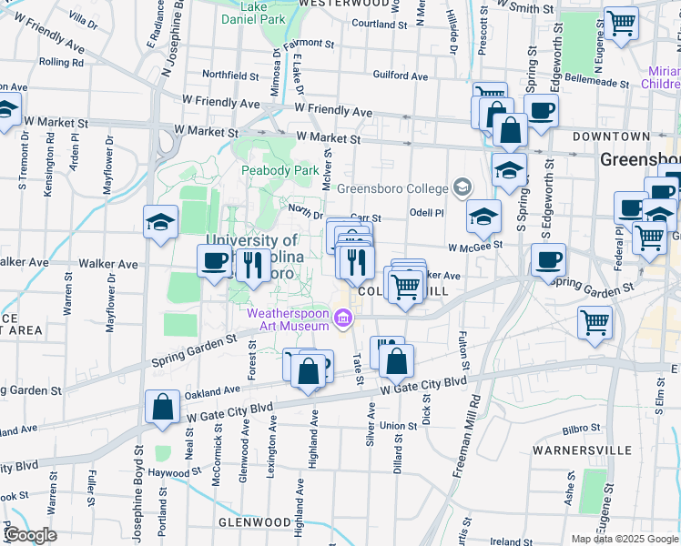 map of restaurants, bars, coffee shops, grocery stores, and more near 406 Tate Street in Greensboro