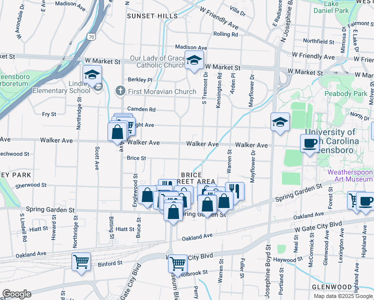 map of restaurants, bars, coffee shops, grocery stores, and more near 1818 Brice Street in Greensboro