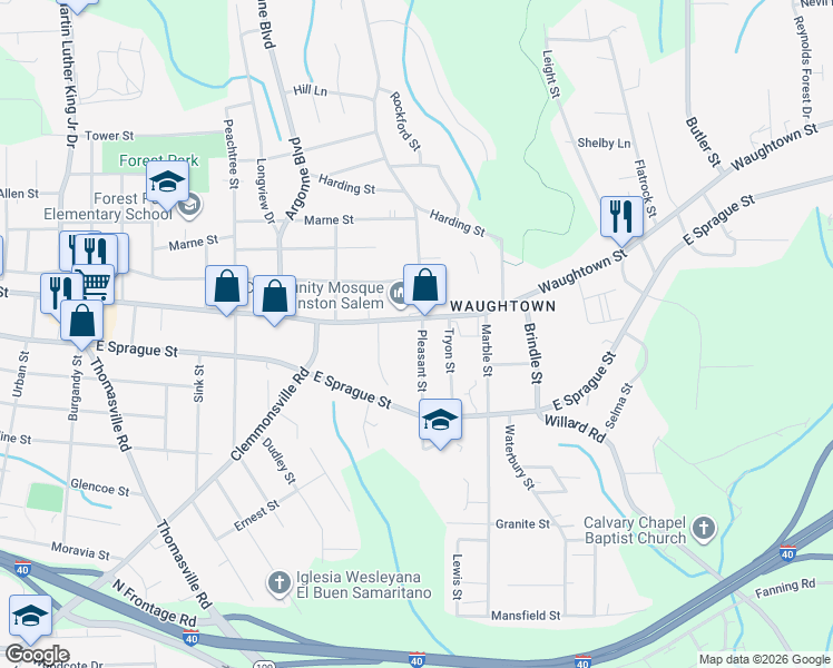 map of restaurants, bars, coffee shops, grocery stores, and more near 2221 Pleasant Street in Winston-Salem