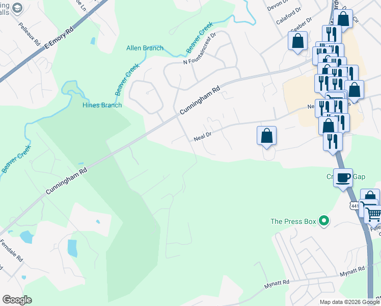 map of restaurants, bars, coffee shops, grocery stores, and more near 6825 Fraker Road Northeast in Knoxville