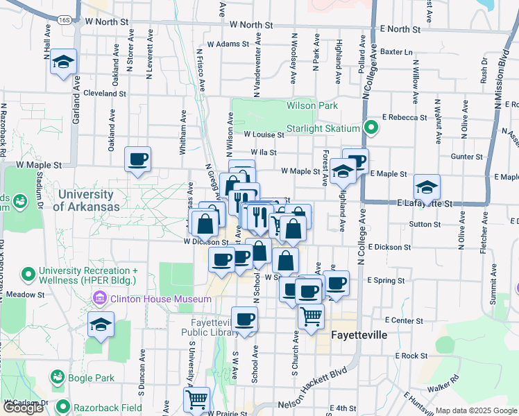 map of restaurants, bars, coffee shops, grocery stores, and more near 331 West Watson Street in Fayetteville