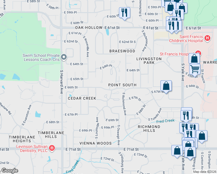 map of restaurants, bars, coffee shops, grocery stores, and more near 6601 South New Haven Avenue in Tulsa