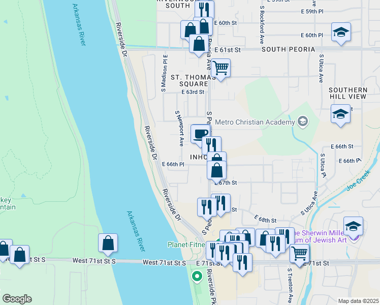 map of restaurants, bars, coffee shops, grocery stores, and more near 1028 East 66th Place in Tulsa