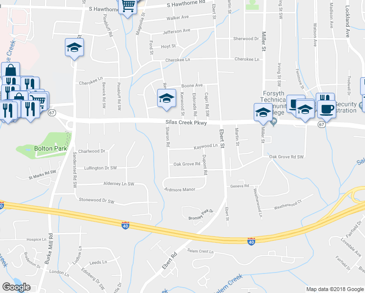 map of restaurants, bars, coffee shops, grocery stores, and more near 2343 Kaywood Lane in Winston-Salem