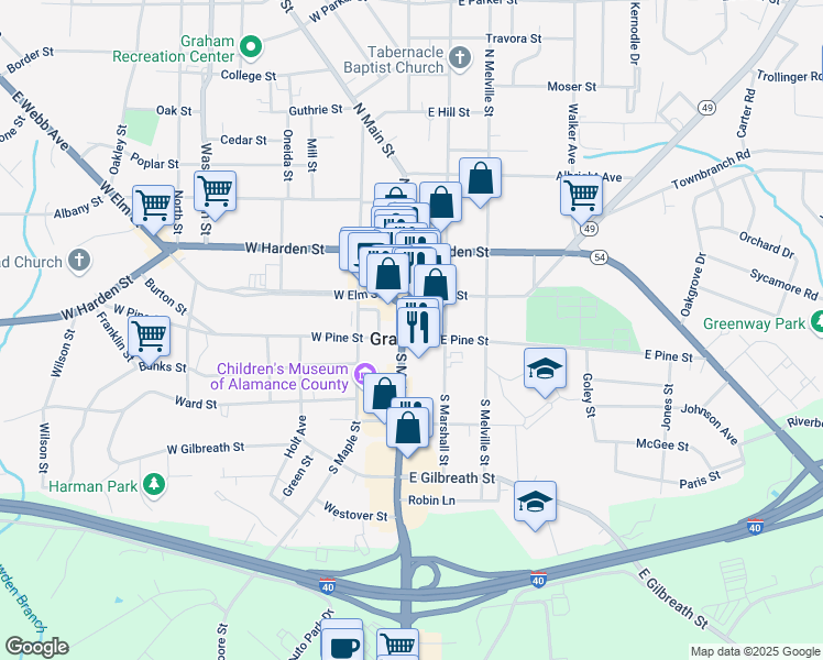 map of restaurants, bars, coffee shops, grocery stores, and more near 130 South Main Street in Graham